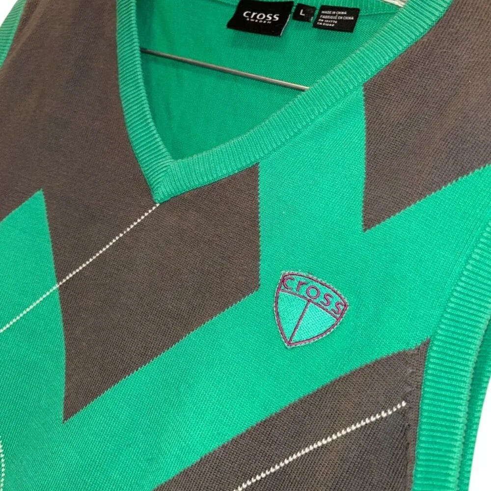 cross sweden kelly green brown deconstructed ARGYLE mens sweater vest L